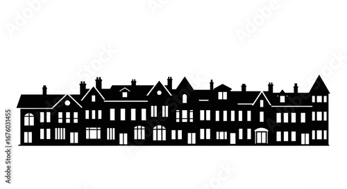 A long black silhouette of traditional Victorian-style terraced houses or townhouses.