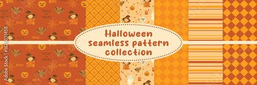 Seamless Halloween pattern set in orange shades with cute witch, skull, pumpkin lantern, bat, autumn leaves, and geometric designs such as lines and plaid for festive seasonal decoration.