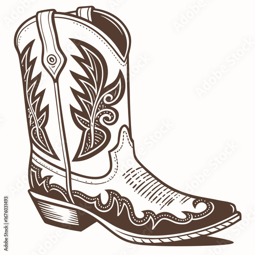Detailed illustration of a classic brown cowboy boot with ornate stitching and decorative western patterns