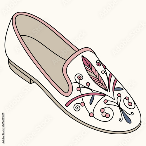 Elegant white loafer shoe with decorative pink and blue floral embroidery and feather detail