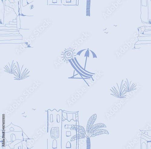 Palm tree beach sun,umbrella sea seamless patterns. Surf club vacation and sunny summer day. Vector pattern Light blue colors.