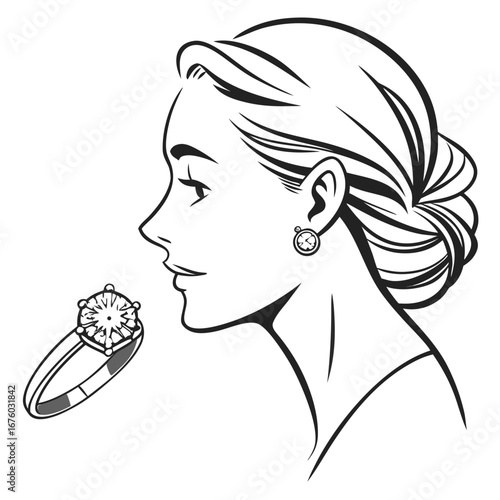 Elegant woman in profile admiring a sparkling diamond engagement ring and wearing a stud earring