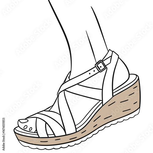 Fashionable beige wedge sandals with ankle strap and crisscross straps on a woman s foot