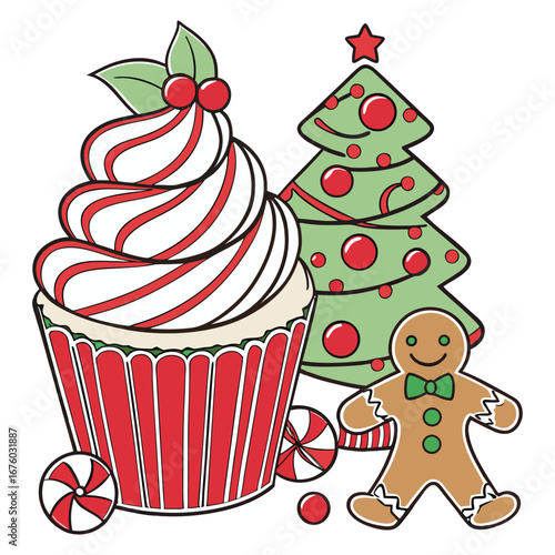 Delicious and sweet gingerbread man and gingerbread cookies with creamy pink frosting, a perfect holiday bakery illustration