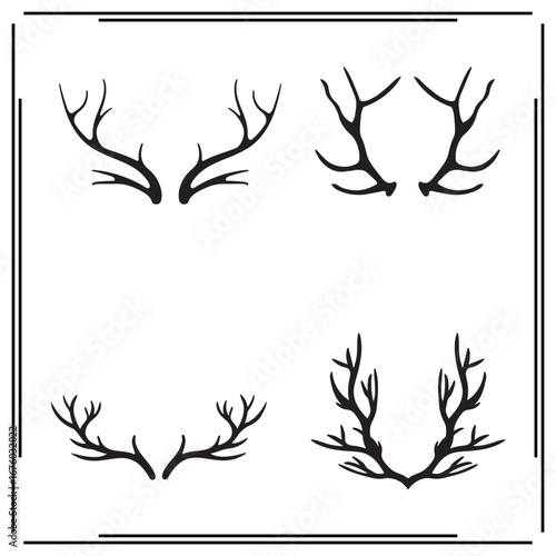 Black Silhouettes of Deer Antlers - Branching Antlers, Wildlife Horns, Nature Symbols, Rustic Forest  Animal Horn Icons, Elegant Antler Design