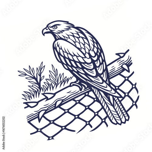 Majestic hawk perched on a branch with a wire fence and foliage in a stylized illustration