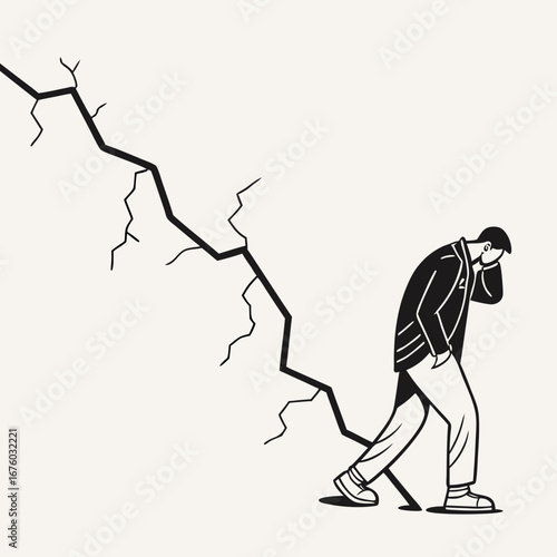 Man struggling against a large crack symbolizing failure or crisis
