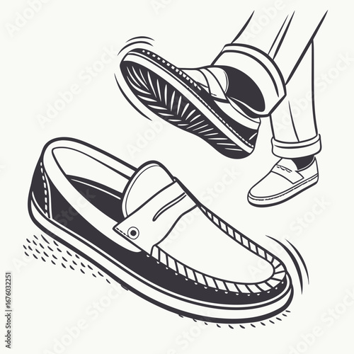 Man wearing loafers steps on a shoe with motion lines indicating movement