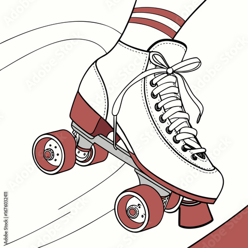 Retro roller skate with red accents and striped socks in motion