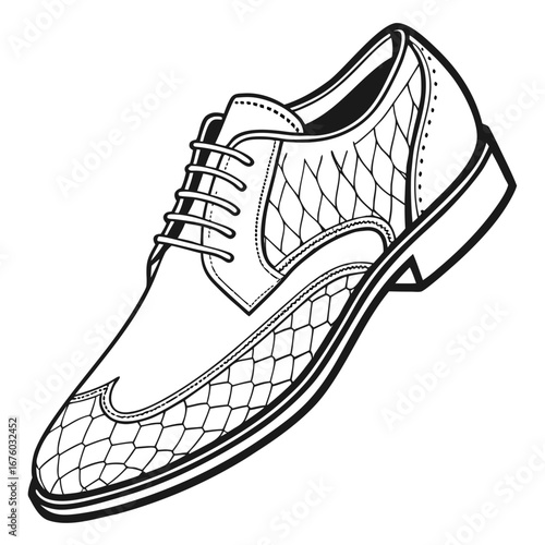 Stylish black and white line art illustration of a classic men s wingtip oxford shoe