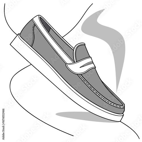 Stylish gray loafer shoe with white sole and trim presented in a dynamic artistic illustration