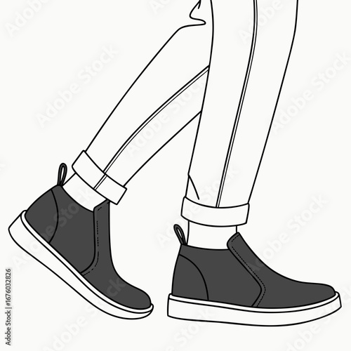 Stylized illustration of a person wearing dark grey slip on ankle boots and cuffed jeans