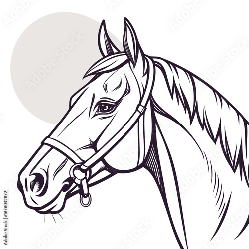 Stylized line art drawing of a horse head with a bridle and a subtle background circle
