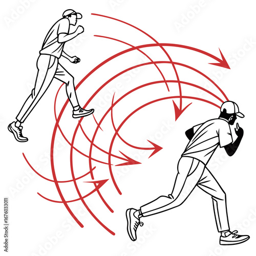 Two athletes running with red arrows indicating movement and direction in a stylized illustration