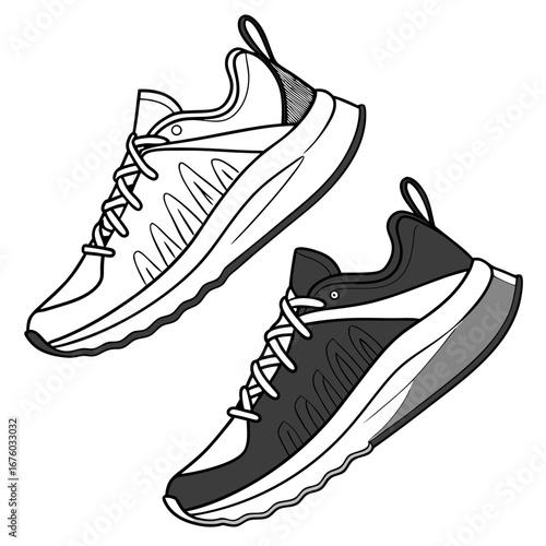 Two athletic sneakers one outlined in black and white and the other in grayscale