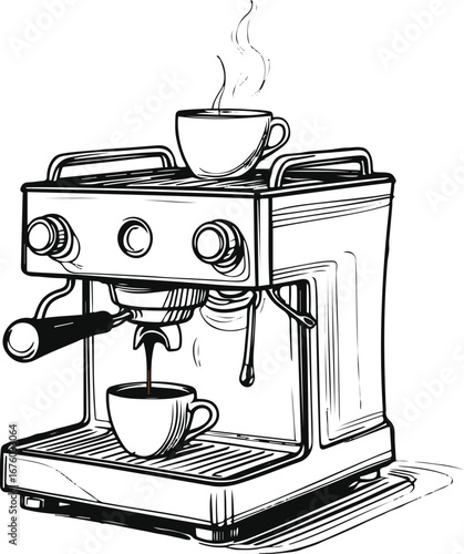 Continuous line doodle of a modern espresso machine with coffee pouring, black ink minimal style 1