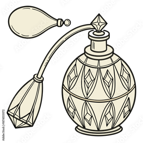 Vintage perfume bottle with ornate glass design and atomizer bulb