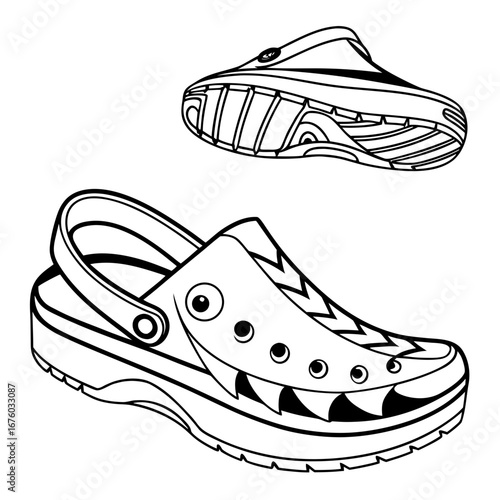 Whimsical black and white line art illustration of a shark themed clog shoe with its sole visible