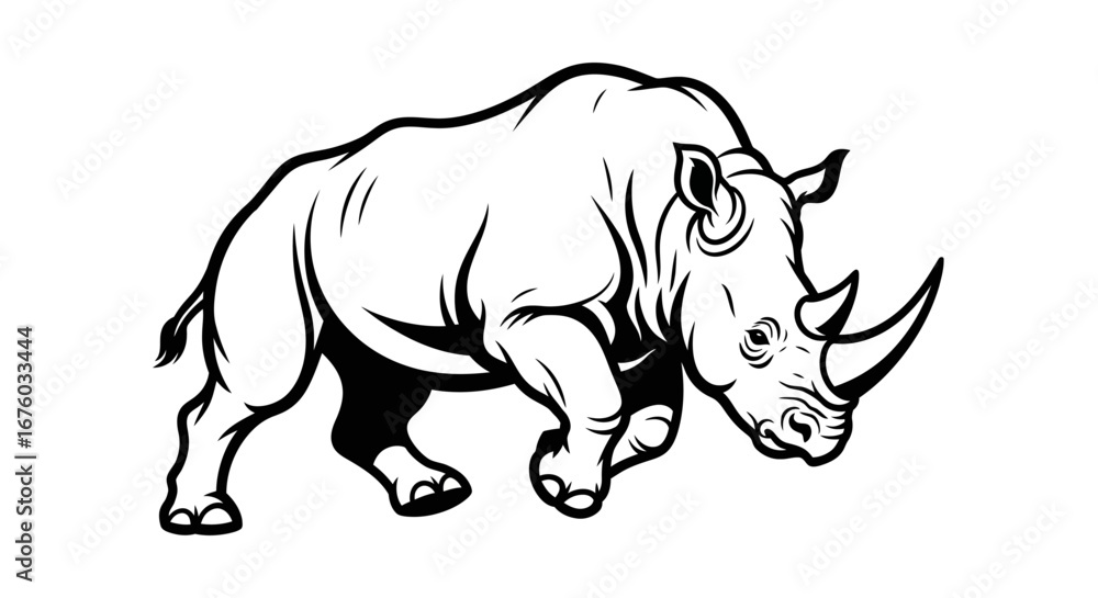 Fototapeta premium Powerful rhinoceros illustration with two prominent horns, black and white line art.