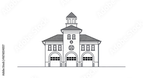 Fire Station Building Outline with Arched Garage Doors and Tower.