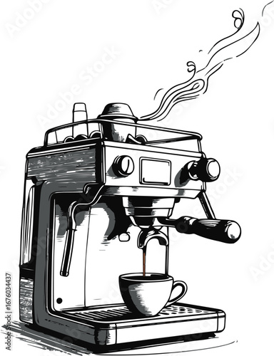 Continuous line doodle of a modern espresso machine with coffee pouring, black ink minimal style