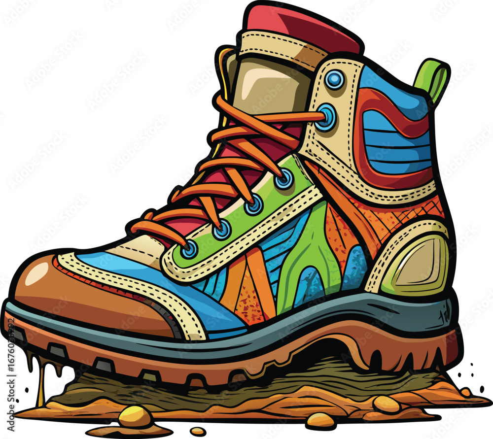 Obraz premium Colorful Hiking Boot Stuck in Mud, Cartoon Style Illustration
