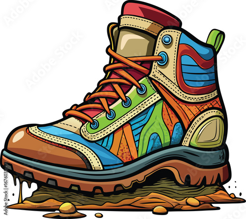 Colorful Hiking Boot Stuck in Mud, Cartoon Style Illustration