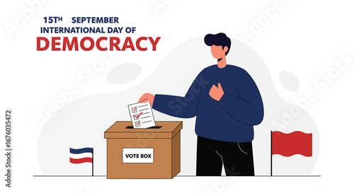 International Day of Democracy Illustration – Hand Voting into Box with Globe, Flags, and Abstract Background