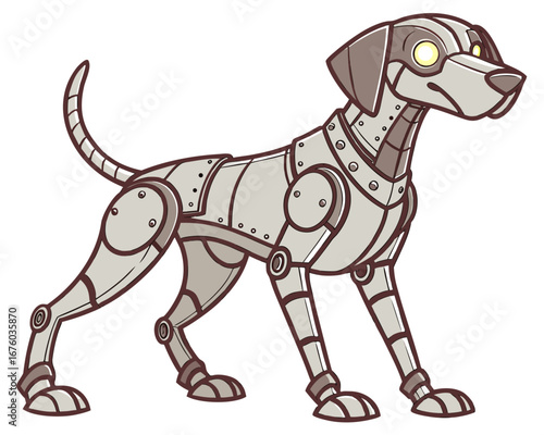 A stylized robotic dog with a metallic silver body and glowing yellow eyes stands on a white background