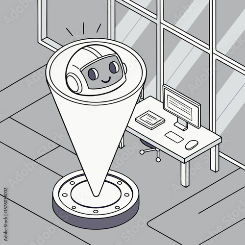 Friendly cartoon robot hologram appears in modern office next to a computer desk and window