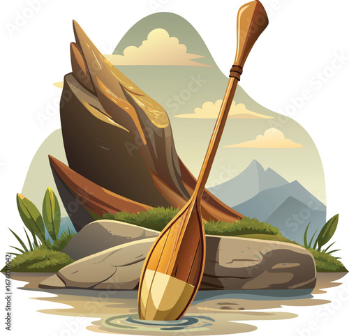 Golden Kayak Paddle Resting on Rocks by Calm Water