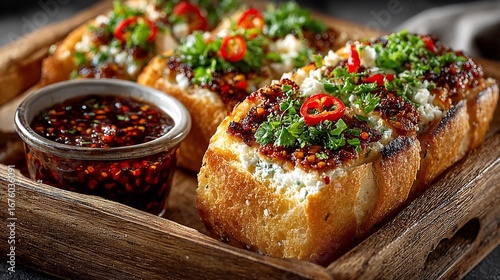 Deliciously spiced bruschetta with creamy cheese and vibrant chili garnish served with dipping sauce