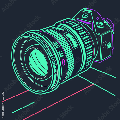 Modern digital camera with telephoto lens depicted in a neon outline style against a dark background