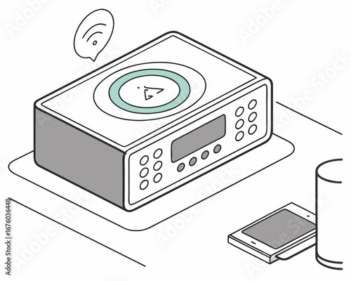 Modern white stereo system with a play button and wi fi symbol connected to a smartphone