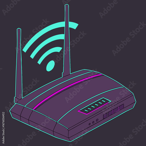 Modern wireless router with glowing neon accents and wi fi signal waves emanating from antennas