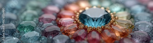 A close-up of colorful, faceted gemstones arranged in a decorative, floral pattern.