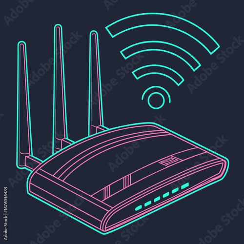 Modern wireless router with three antennas broadcasting wi fi signal in neon outline style
