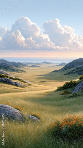 A scenic valley view with rolling grassy hills, wildflowers, distant mountains, and dramatic clouds under a clear sky.
