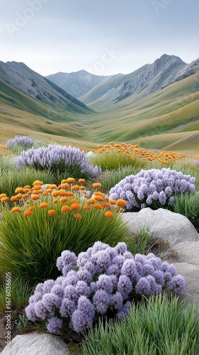 A lush mountain valley with vibrant wildflowers, rolling green hills, and distant peaks under a clear sky.