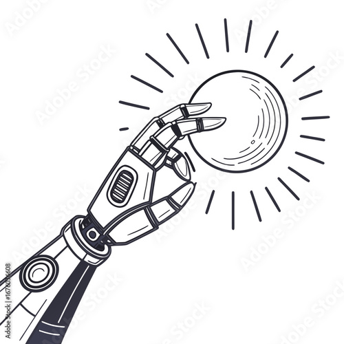 Robotic hand reaching out to touch a glowing sphere representing the sun or a bright idea