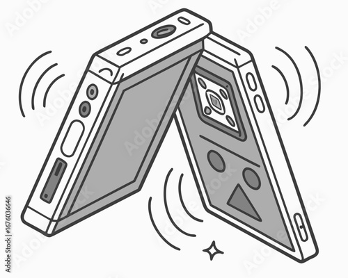 Stylized illustration of a folding smartphone vibrating with sound waves emanating from it