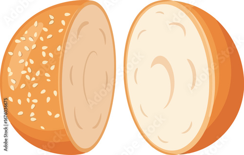 Freshly baked sesame seed bagel halved ready for breakfast or snacks vector