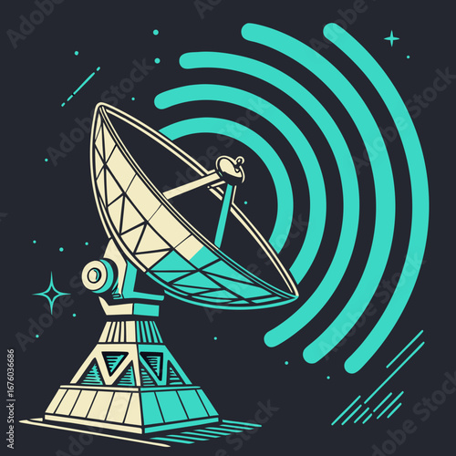 Stylized illustration of a satellite dish transmitting signals into the dark night sky with stars