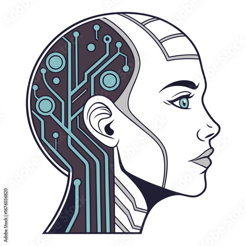Stylized profile of a female cyborg head with visible internal circuitry and blue glowing elements