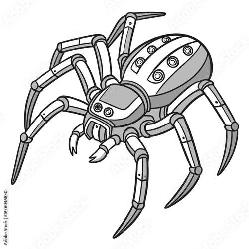 Stylized robotic spider illustration with segmented legs and a detailed body in grayscale