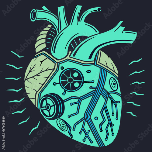 Stylized mechanical heart with intricate circuitry and organic vascular patterns on a dark background