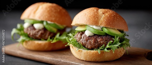 Two gourmet burgers with lettuce, cucumber, and sauce on a wooden board.