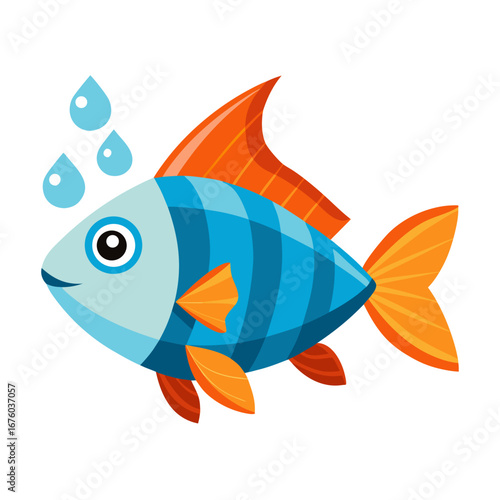 Vibrant blue and orange cartoon fish swimming happily with bubbles, perfect for children's books, educational materials, and cheerful aquatic themes.
