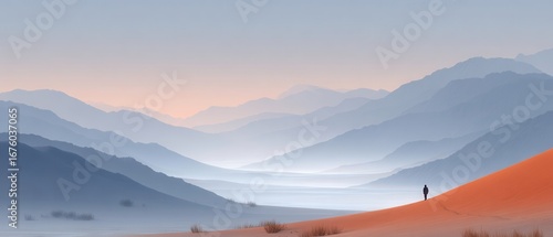 A lone figure stands on a sand dune, gazing at layers of misty mountains under a tranquil pastel sky.