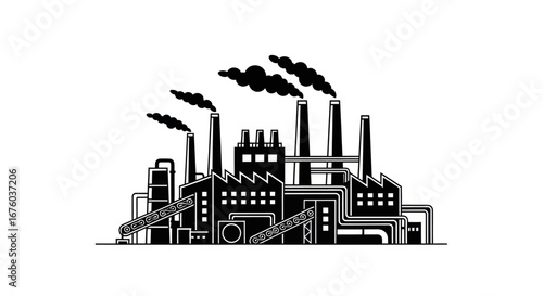 Industrial factory plant with smoking chimneys, a black and white vector silhouette illustration.